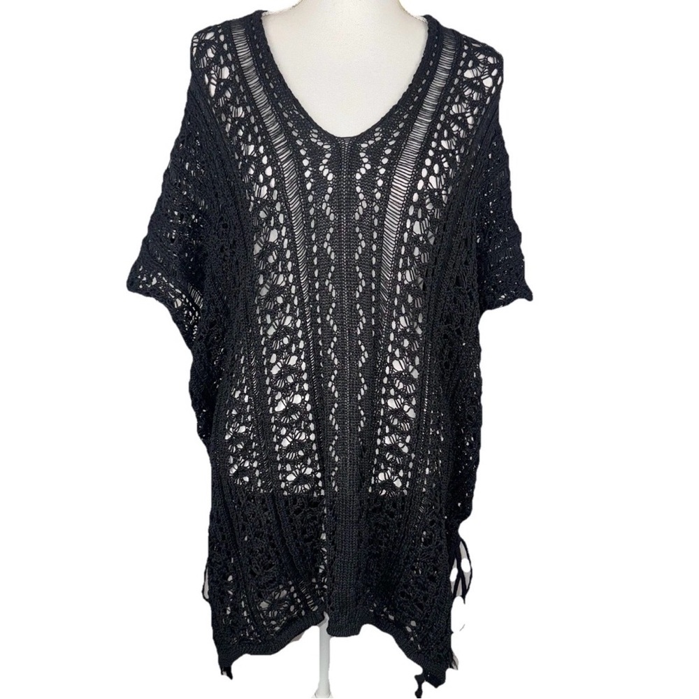 World Market Black OS Open Knit Sweater‎ Tunic Cover Up Boho Chic Hippie Beach